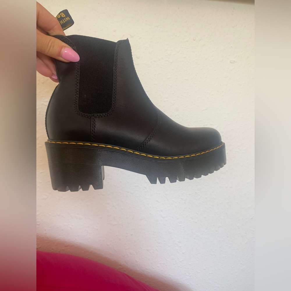 Dr. Martens Black laceless Ankle Boots with original Yellow Stitching/mini heel - Picture 3 of 9